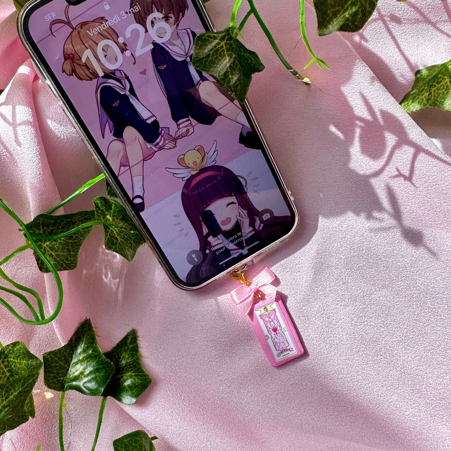 Porte-clé Sakura Cardcaptor carte The Hope avec nœud rose