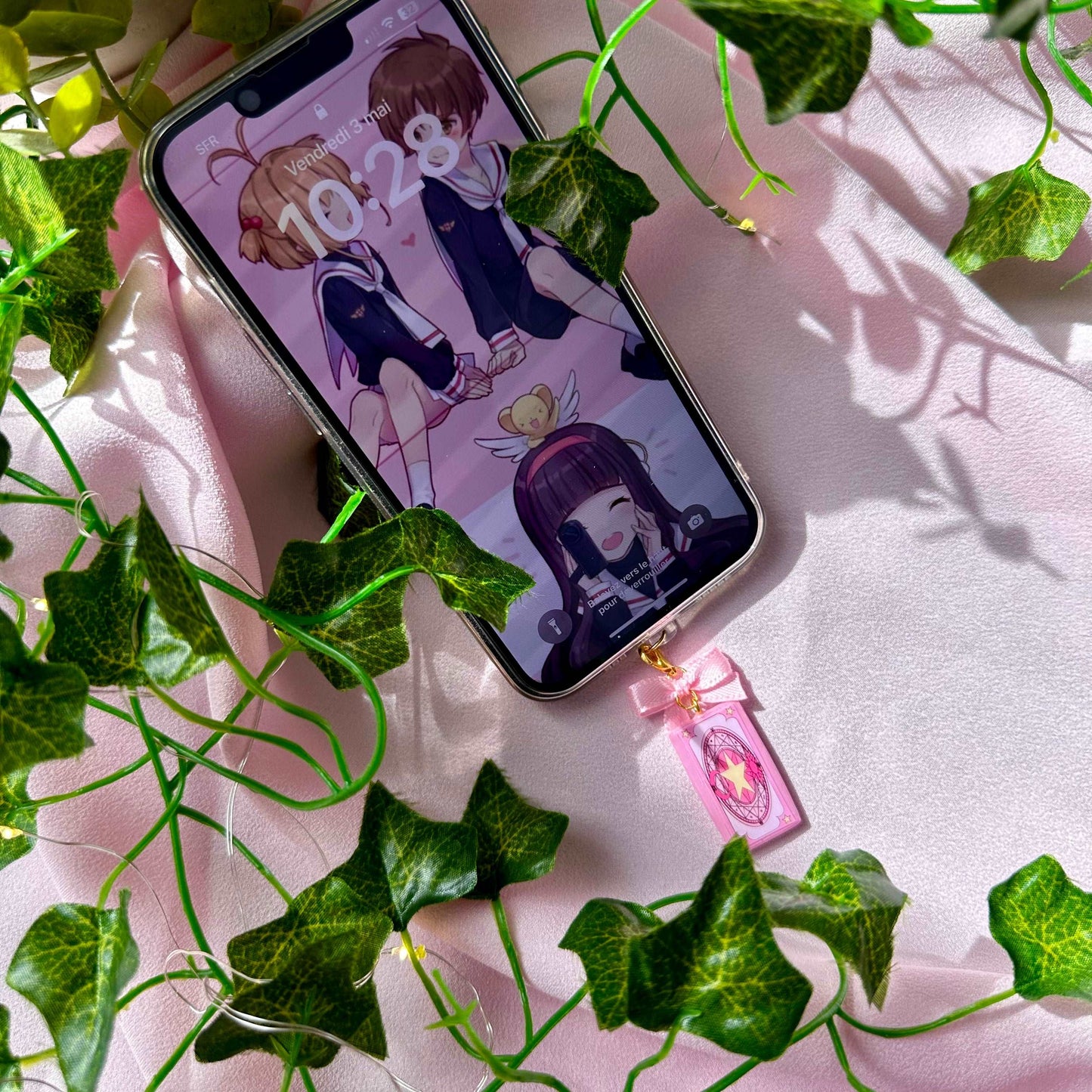 Porte-clé Sakura Cardcaptor carte The Hope avec nœud rose