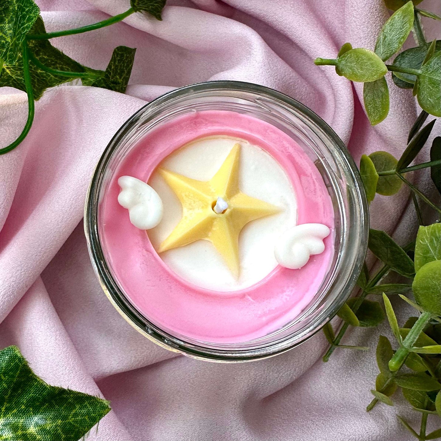 Bougie Sakura Cardcaptor rose et blanche avec etoile et ailes en cire