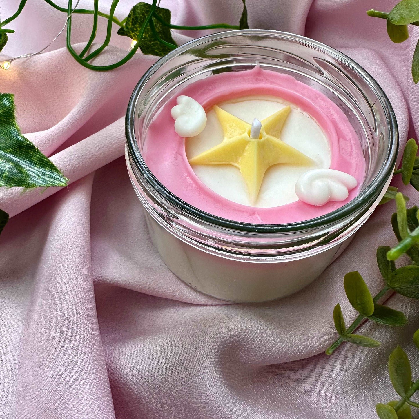 Bougie Sakura Cardcaptor rose et blanche avec etoile et ailes en cire