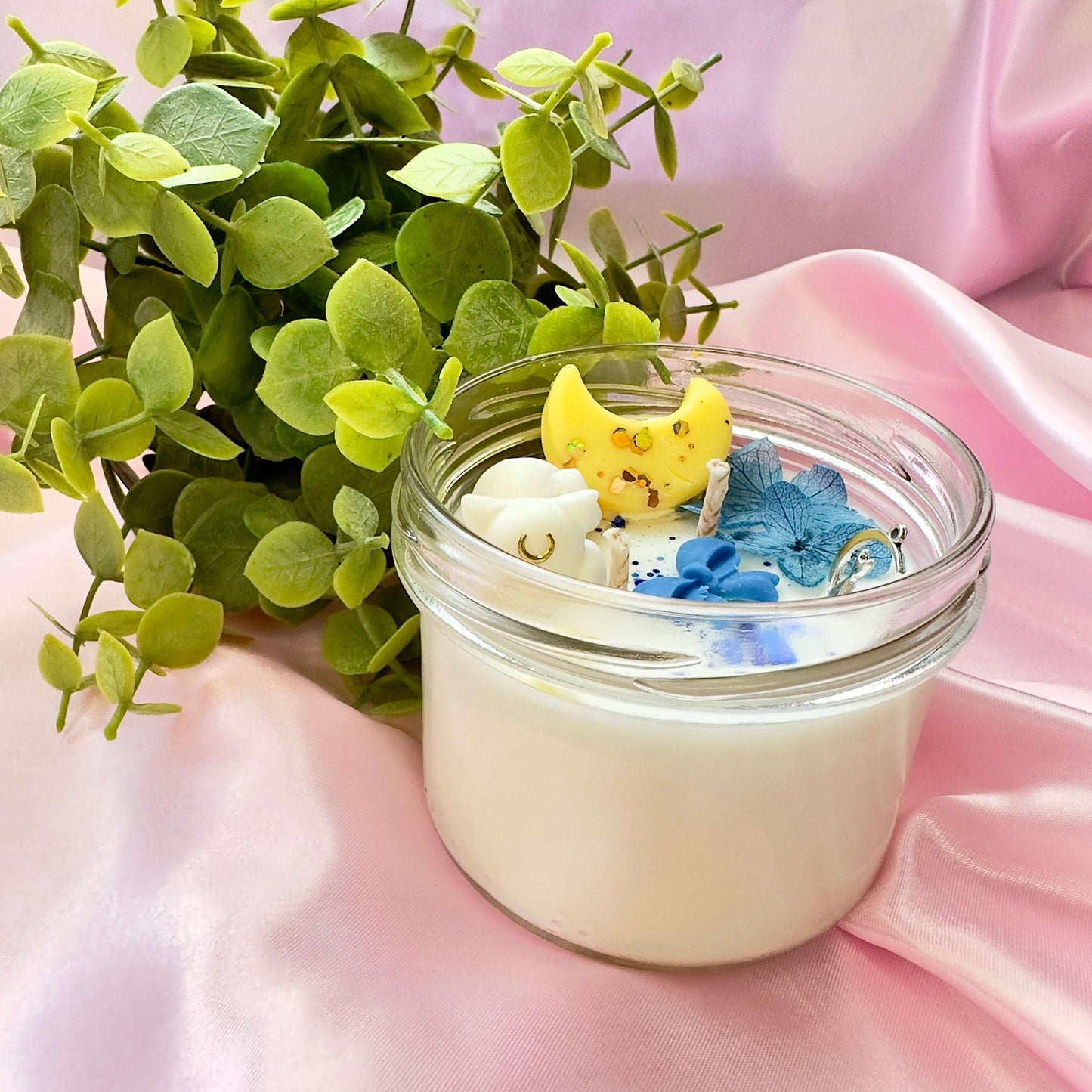 Bougie pailletée à base de soja Artemis Sailor Moon chat blanc en cire avec lune et nœud papillon bleu